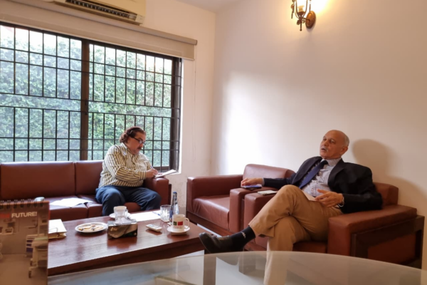The author interviewing Mushahid Hussain