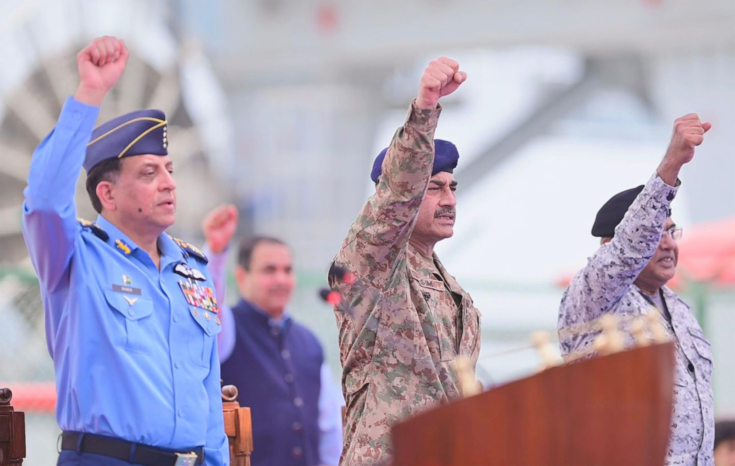(L to R) Air Chief Marshal Zaheer Ahmed Baber Sidhu, Field Marshal Syed Asim Munir, Chief of the Naval Staff Admiral Naveed Ashraf